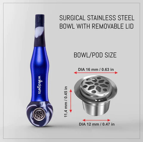 Weedgets Maze Pipe in blue with cough-less technology and charcoal filter, front view with bowl details