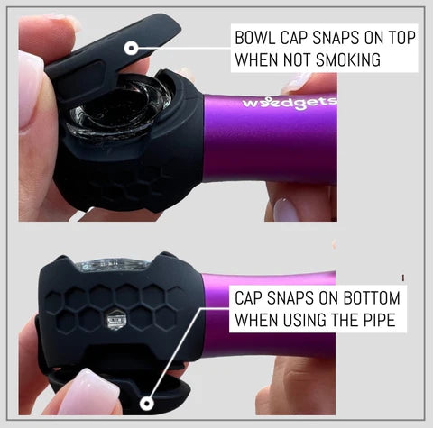 Weedgets Maze-X Pipe in purple, cough-less technology, with cap on top and bottom views