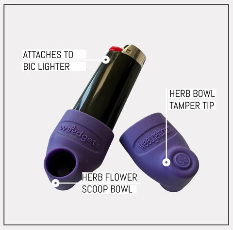 Weedgets Sili-Scoop Touch-Free Herb Loader with Tamping Tool attached to lighter