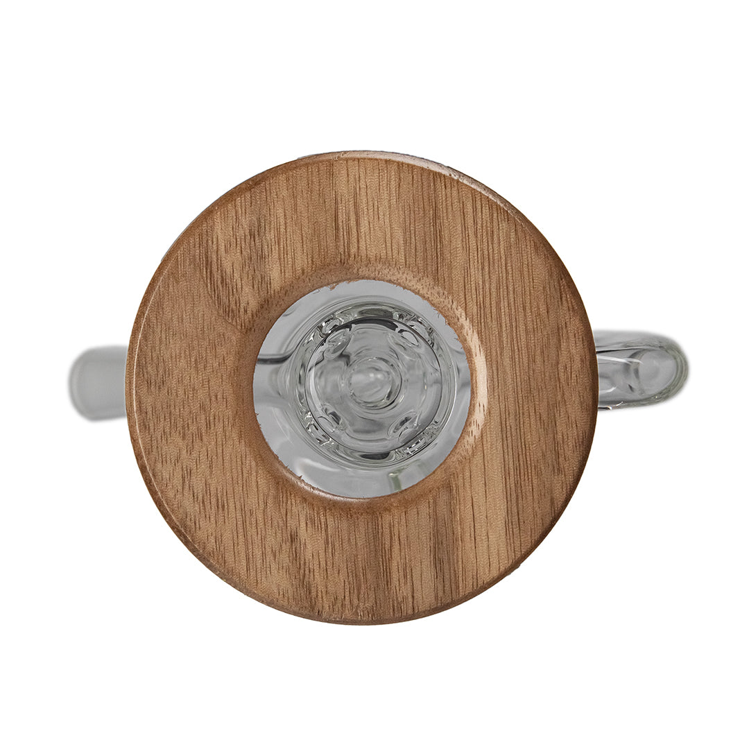 Top view of MJ Arsenal Apex Mini Rig with quartz bucket and wooden accents