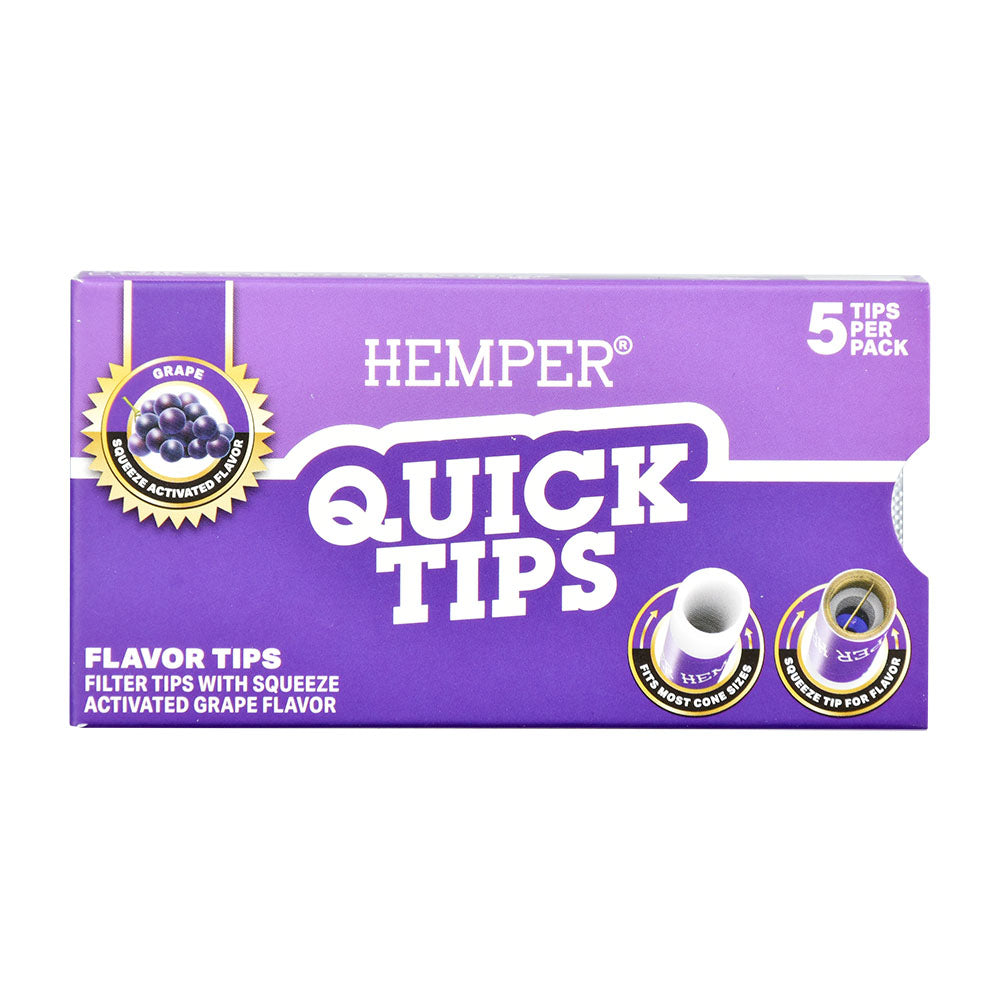 Front view of Hemper Quick Tips 5-pack display box with grape flavor filter tips for rolling papers
