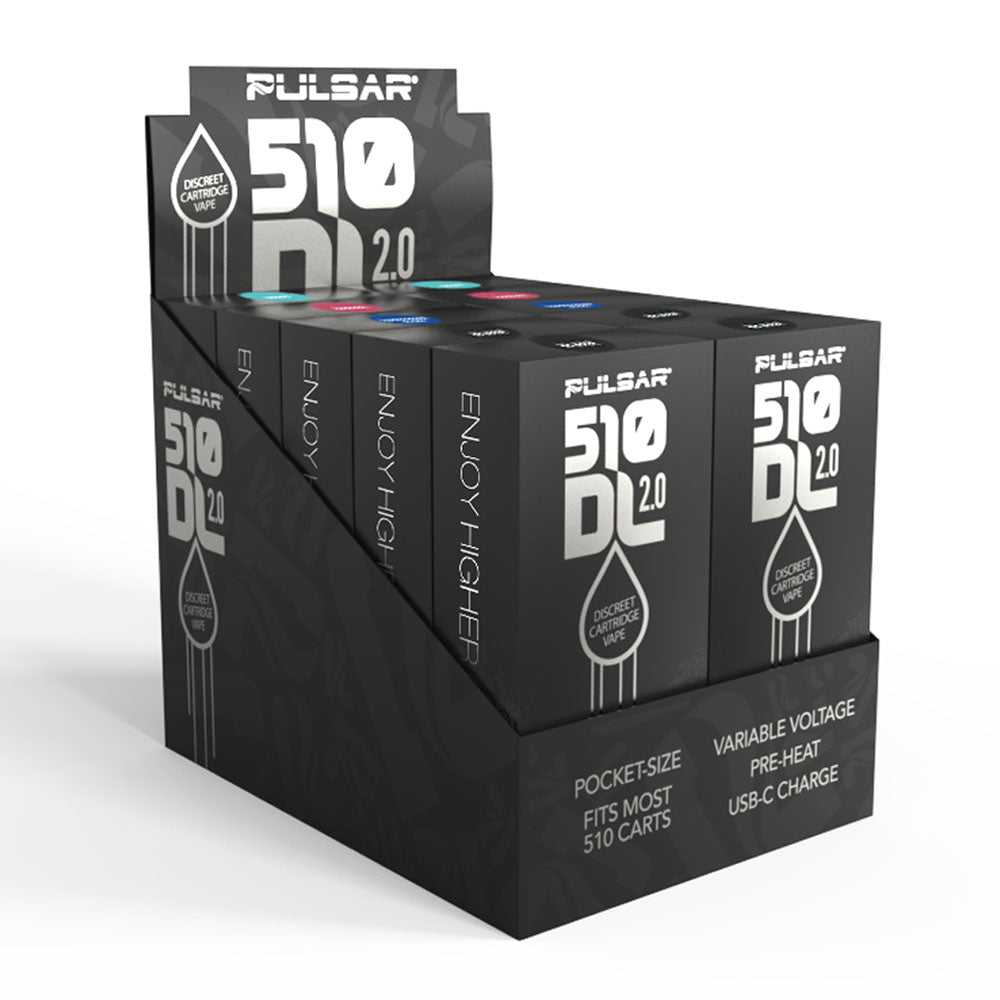 Pulsar 510 DL 2.0 Vape Bars display box with assorted colors, medium size, 650mAh battery