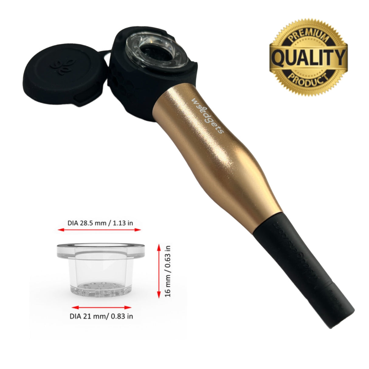 Weedgets Maze-X Pipe in Gold with Cough-Less Tech, Portable Design, and Side View