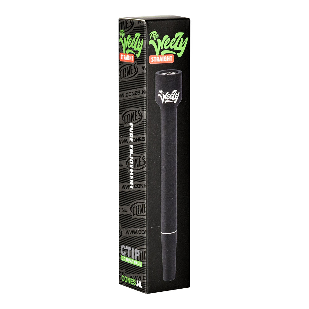 The Weezy Straight 4" Black Aluminum Pipe displayed in packaging, front view