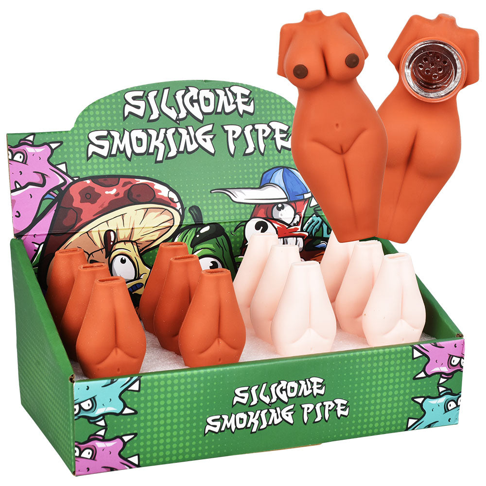 12PC Display of 3" Voluptuous Naked Body Silicone Hand Pipes in Assorted Colors, Front View