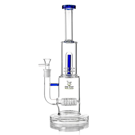 1Stop Glass 13" Thick Bong with Blue Accents, UFO & Barrel Percs, Front View