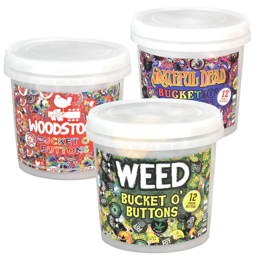 Assorted 1.25" Pinback Buttons in Buckets with Various Designs - Front View