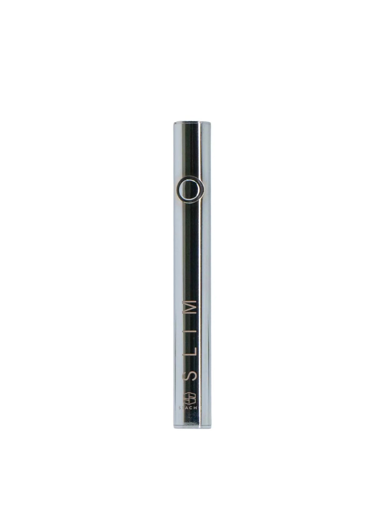 Stache Products SLIM Vape Battery in Chrome, front view, with pre-heat function and USB charger, ideal for travel