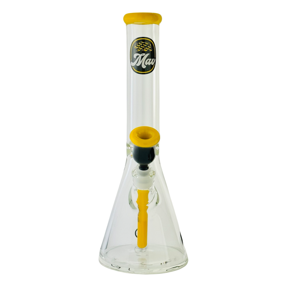 MAV Glass 15" Chiquita Beaker Bong with yellow accents and MAV logo - Front View