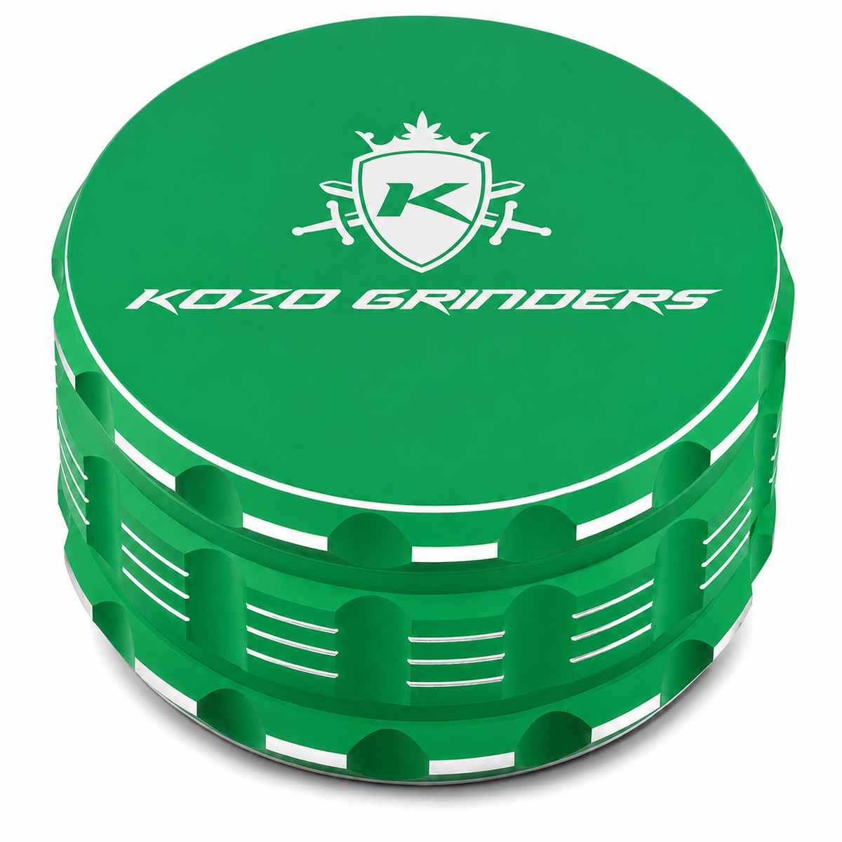 Kozo 3.5 inch ceramic non-stick aluminum grinder in green, closed front view with the Kozo logo on the lid