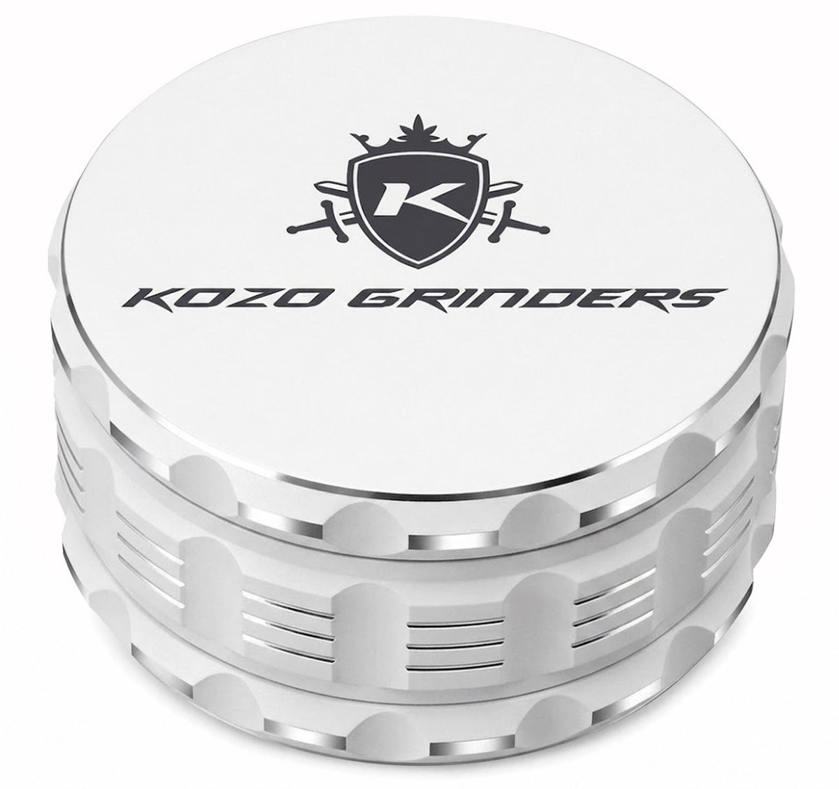 Kozo 3.5 inch ceramic non-stick aluminum grinder in white, closed front view with the Kozo logo on the lid