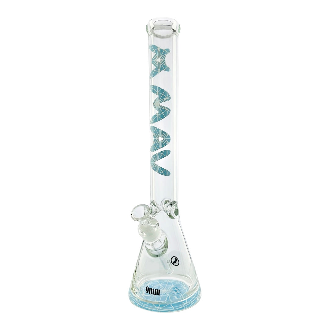 MAV Glass 18" Baby Blue Mandala Beaker Bong with 9mm thickness front view on white background