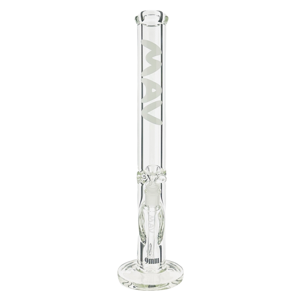 MAV Glass 18" Straight Tube Bong with Ice Pinch, 9mm Thick Glass, Front View on Seamless White