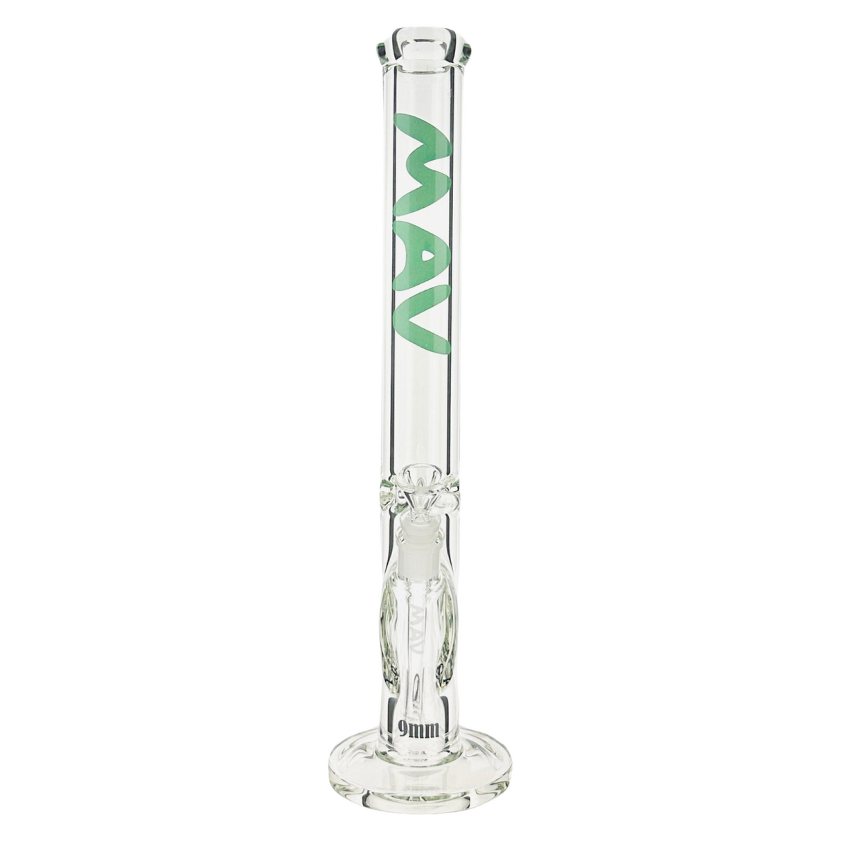 MAV Glass 18" Straight Tube Bong, 9mm Thick with Ice Pinch, Front View on White Background