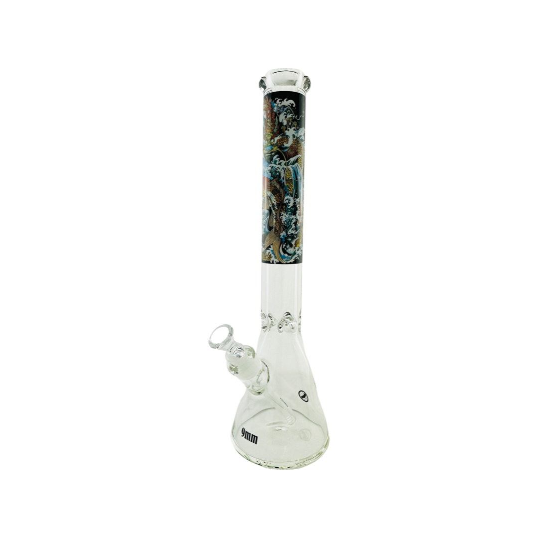 MAV Glass 18" Beaker Bong with Dragon Koi Design, Front View on White Background