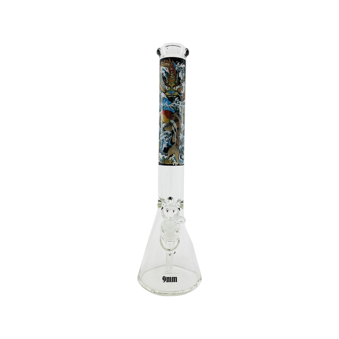 18" MAV Glass Beaker Bong with Dragon Koi Design - Front View on White Background