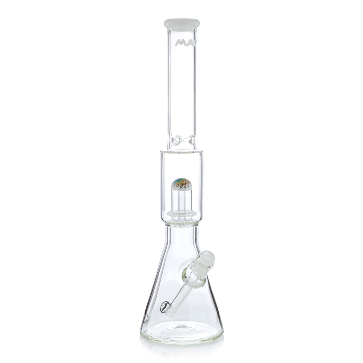 MAV Glass 19" White Wig Wag UFO Perc Beaker with Ice Pinch, Front View on Seamless White