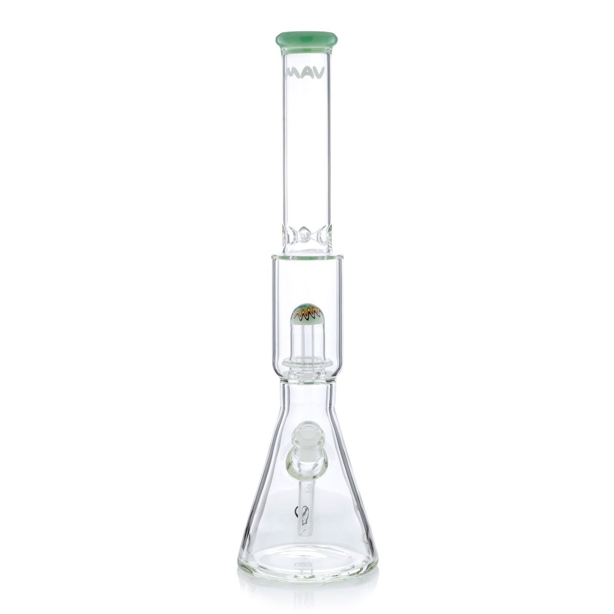 MAV Glass 19" Wig Wag UFO Perc Beaker Bong with Ice Pinch Front View on Seamless White