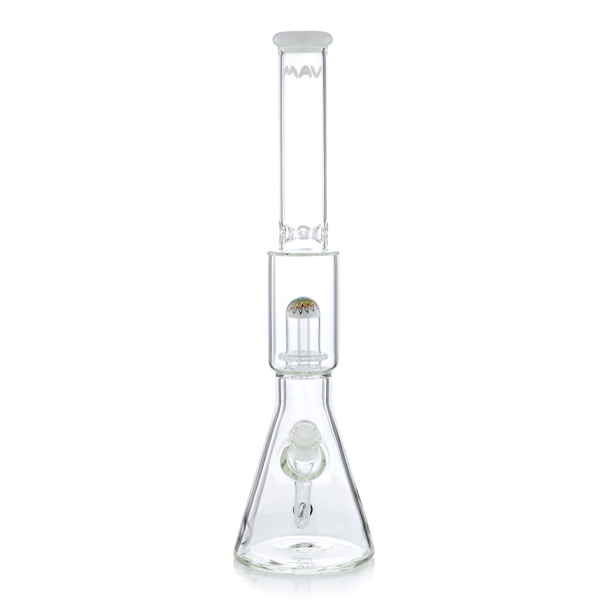 MAV Glass 19" Wig Wag UFO Perc Tall Beaker with Ice Pinch Front View on Seamless White Background