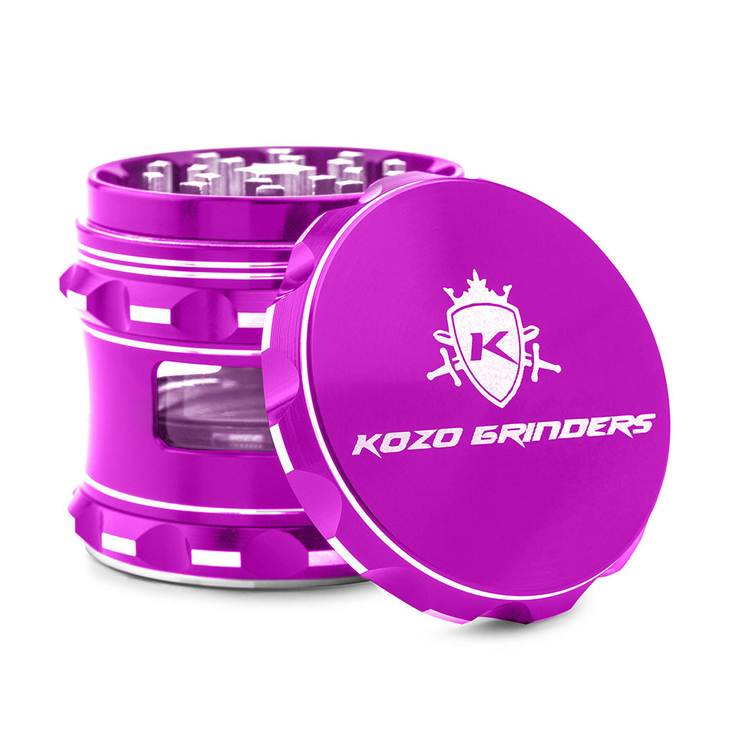 Kozo 2.5 inch window grinder in purple, side viewing window with the lid tilted open to show the teeth
