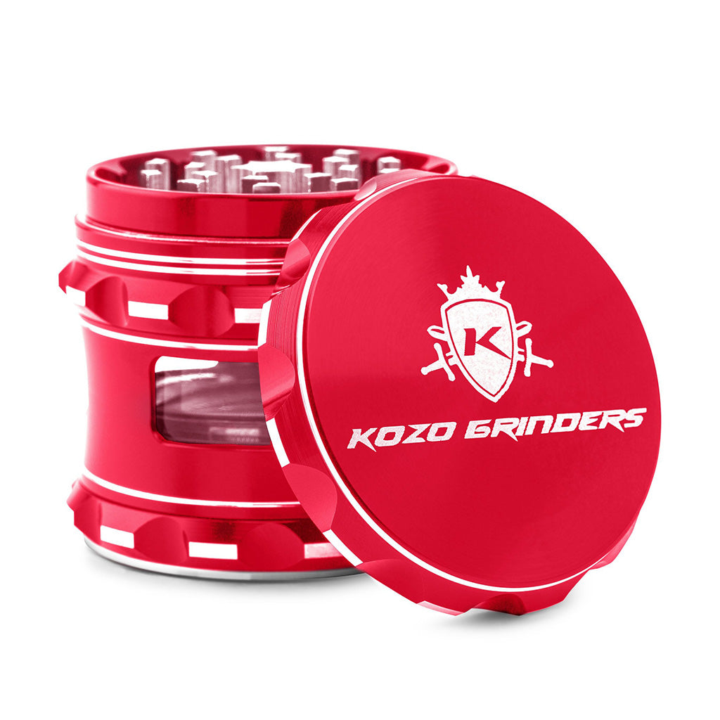 Kozo 2.5 inch window grinder in red, side viewing window with the lid tilted open to show the teeth