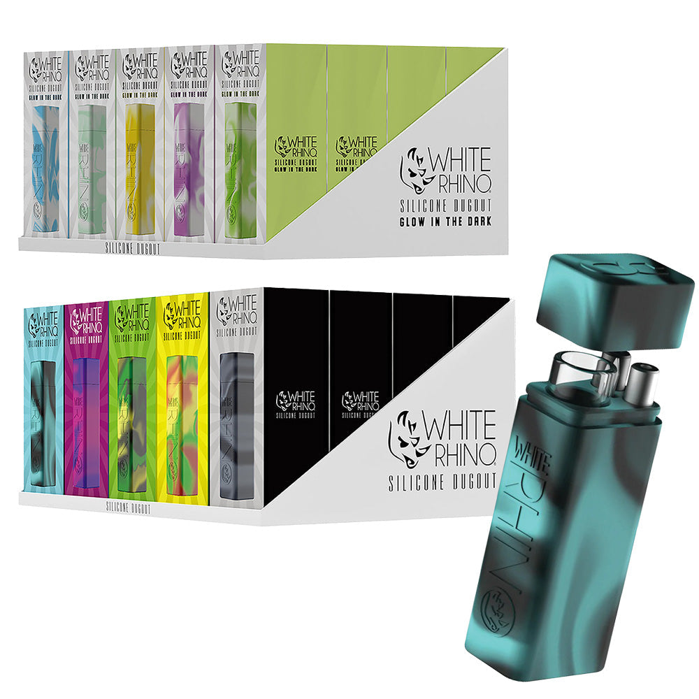 White Rhino Silicone Dugouts in assorted colors, 20 pack display with a single turquoise dugout