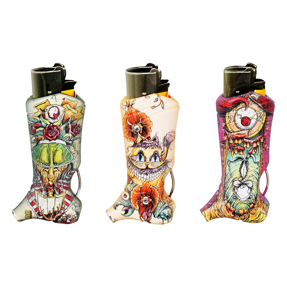 Assorted Toker Poker lighter sleeves with Alice in Wonderland designs, displayed side by side