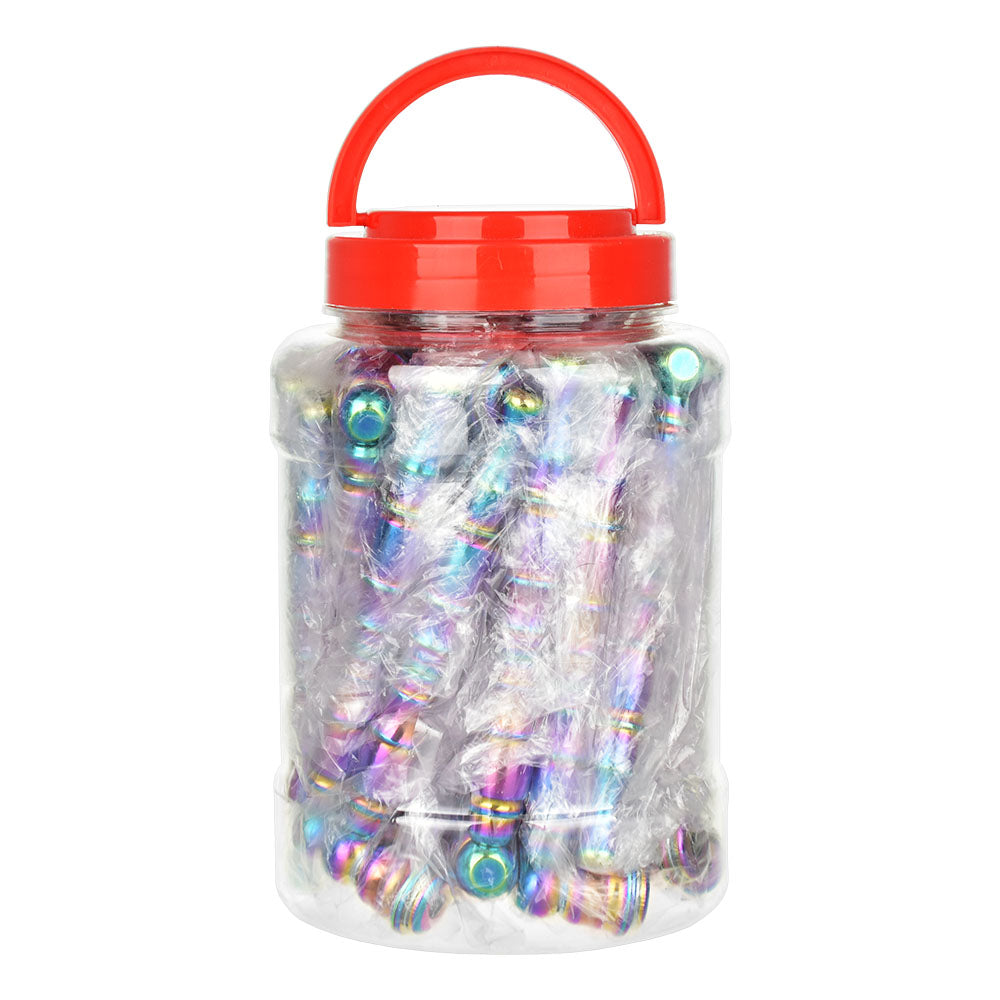 Jar containing 25 rainbow-colored 5" metal pipes for smoking, front view on a white background
