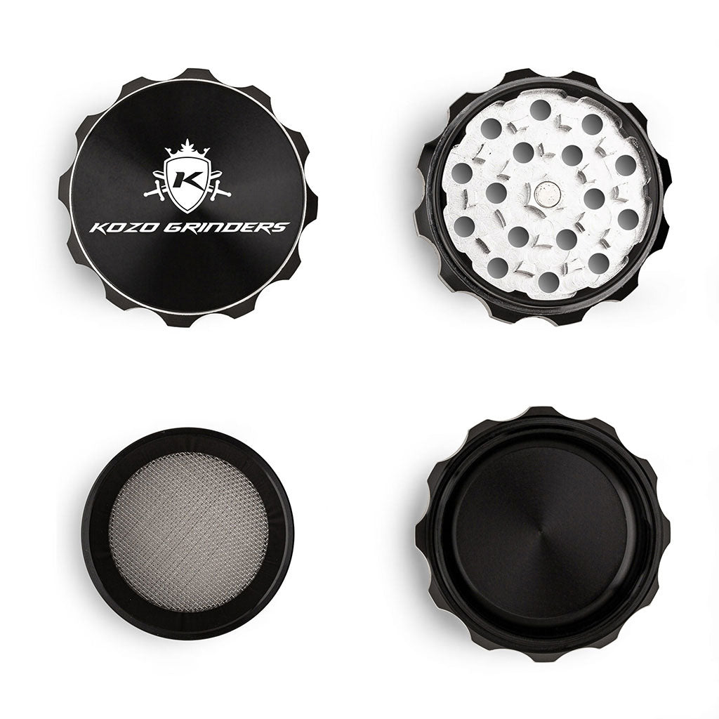 Kozo 2 inch four-piece aluminum grinder in black, four pieces laid flat showing lid, teeth, screen and base