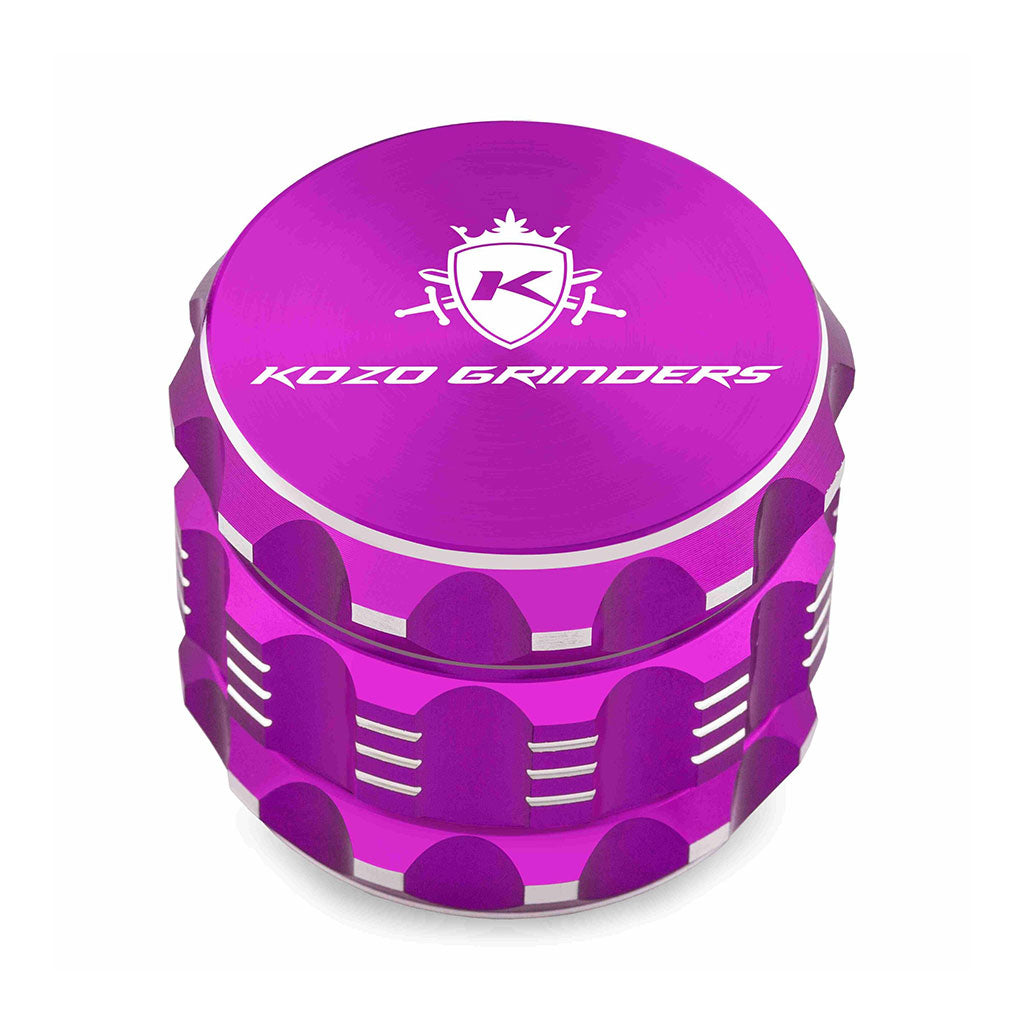 Kozo 2 inch four-piece aluminum grinder in purple, closed front view of the body with the Kozo logo lid