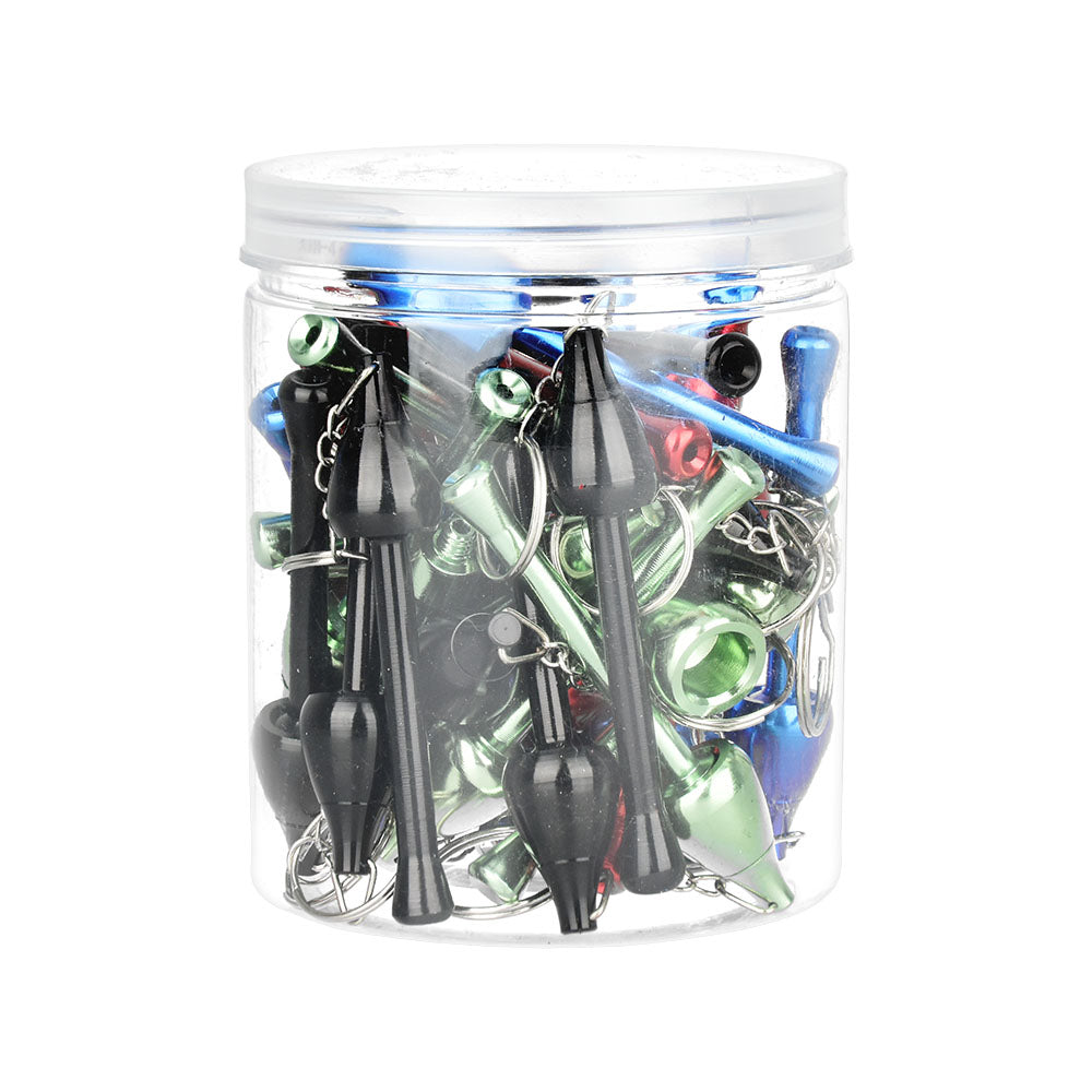Jar filled with assorted colors of Metal Mushroom Keychain Pipes, front view on white background