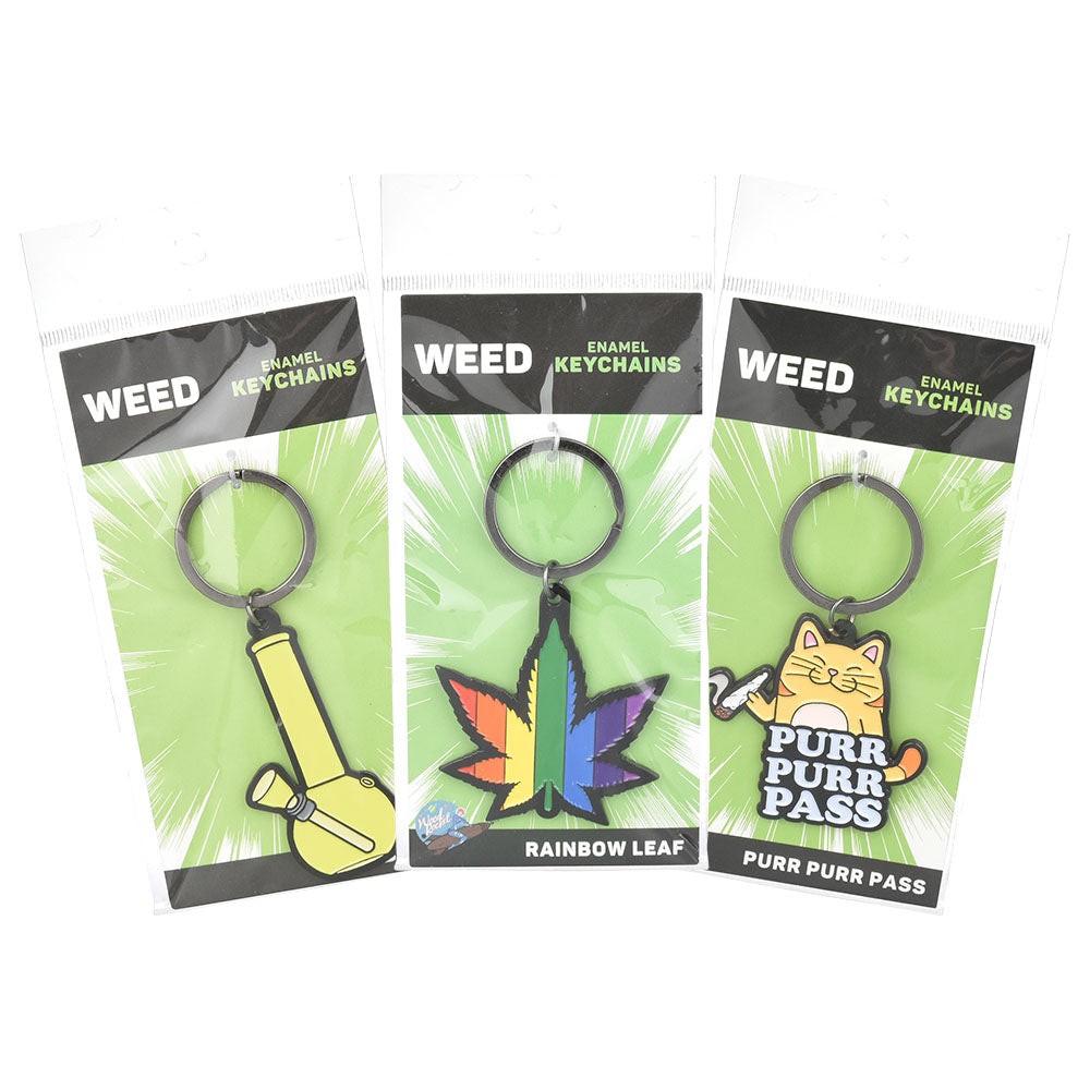 Assorted Wood Rocket Hemp Enamel Keychains Display with Novelty Designs