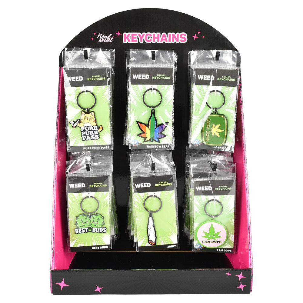 Front view of 36PC DISPLAY - Wood Rocket Hemp Enamel Keychains with assorted fun designs
