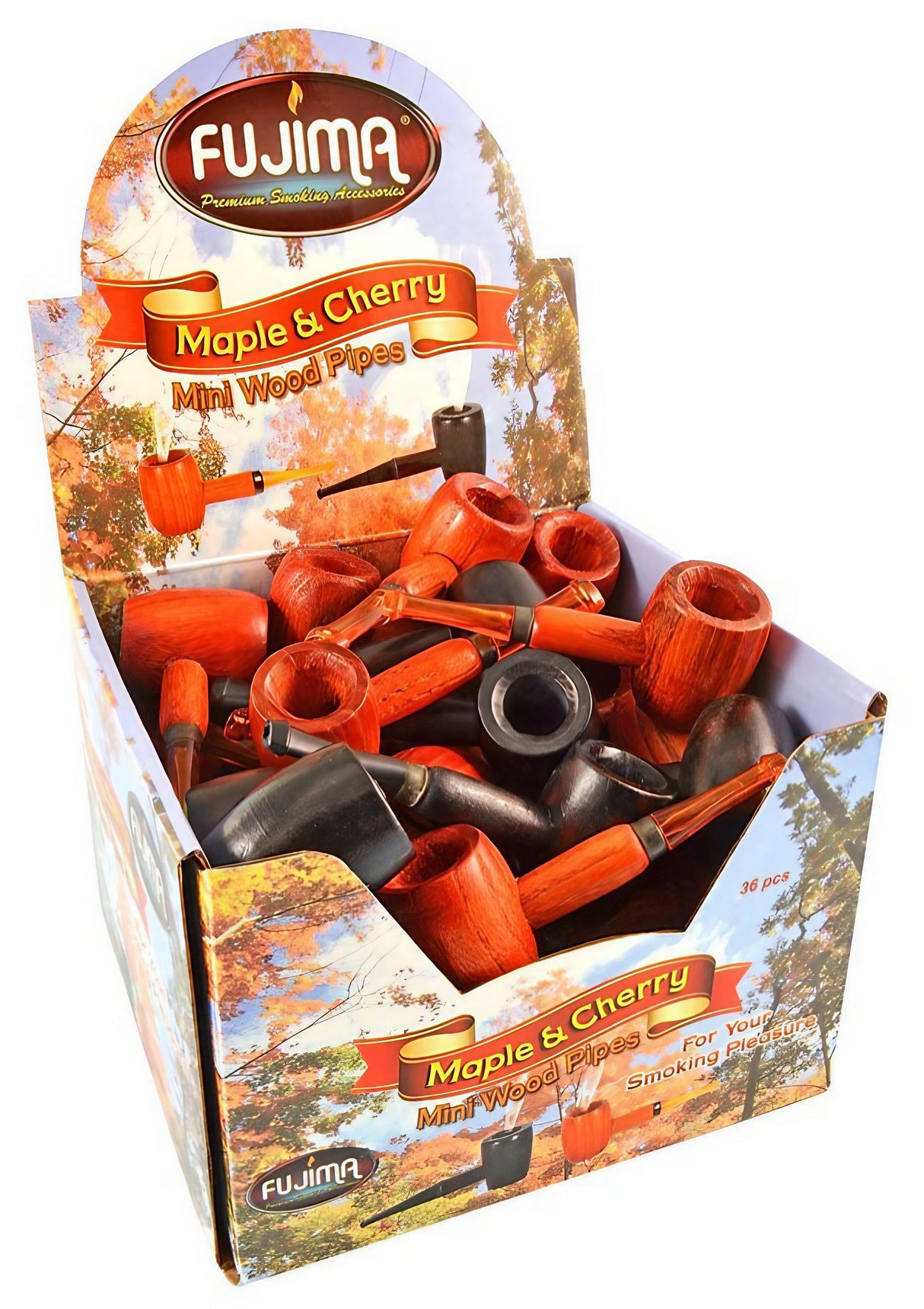 Display box of 36pc Maple & Cherry Mini Wood Pipes for smoking, angled view