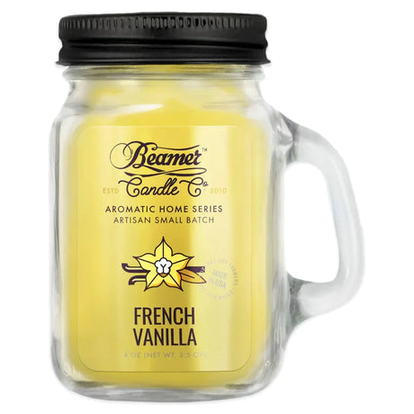 Beamer Candle Co. Mini 4oz French Vanilla candle in clear mason jar with handle, front view