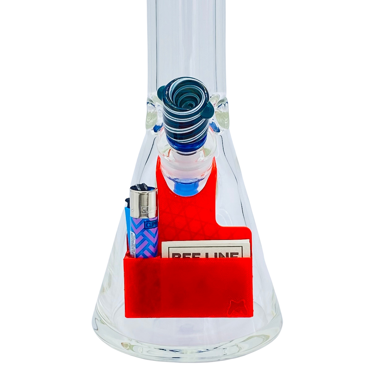 MAV PRO 3D Bee Line and Lighter Caddy attached to glass bong, front view