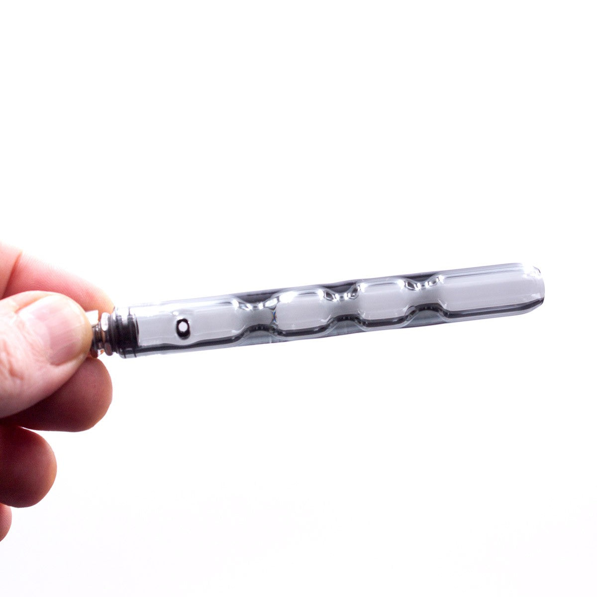 Hand holding 3D Glass Cooling Stem for DynaVap, Borosilicate, Straight Design