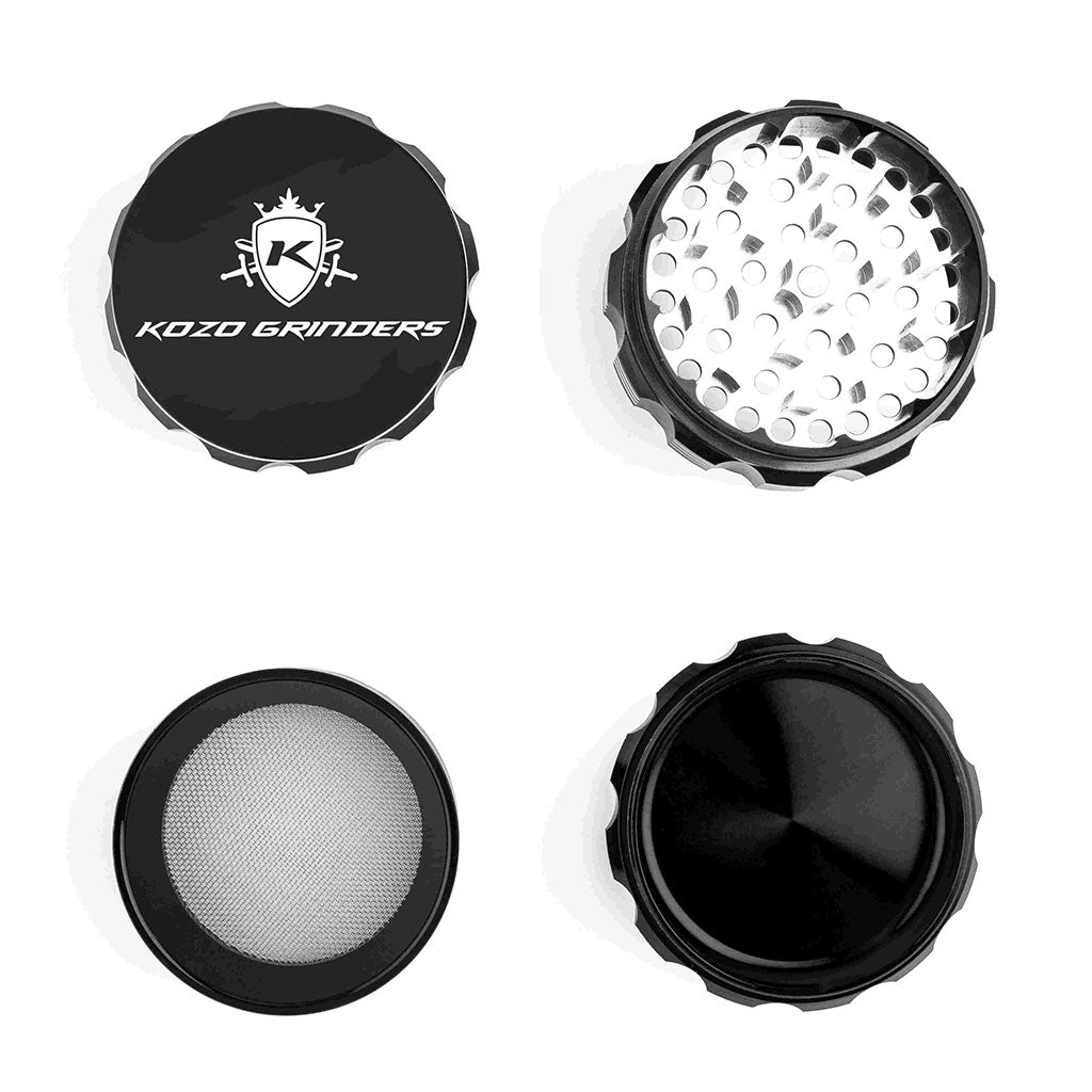 Kozo 3 inch four-piece anodized aluminum grinder in black, four pieces laid flat showing lid, teeth, screen and base