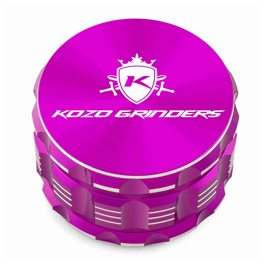 Kozo 3 inch four-piece anodized aluminum grinder in purple, closed front view of the body with the Kozo logo lid