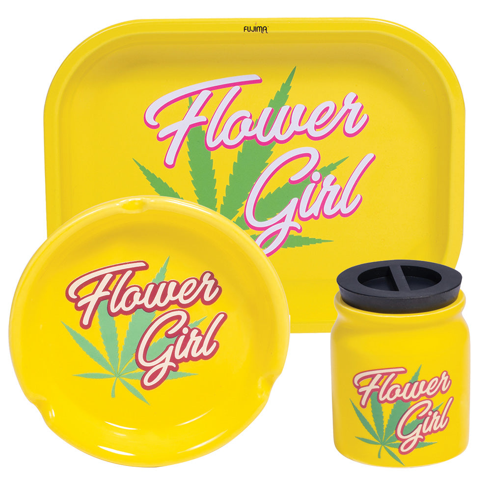 Fujima 3PC Smoking Essentials Set featuring 'Flower Girl' design in vibrant yellow with cannabis leaf motif.