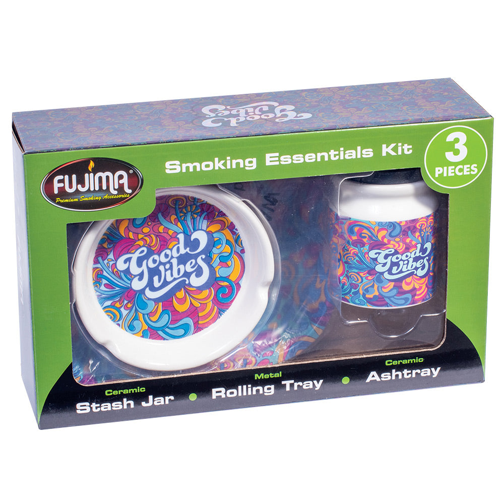 Fujima 3PC Smoking Essentials Gift Set featuring ceramic stash jar, metal rolling tray, and ashtray with 'Good Vibes' design