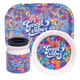Fujima 3PC Smoking Essentials Set with colorful 'Good Vibes' design, including tray, jar, and ashtray