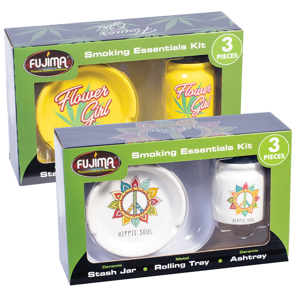 Fujima Smoking Essentials 3PC Set with Ceramic Stash Jar, Rolling Tray, and Ashtray in Assorted Colors