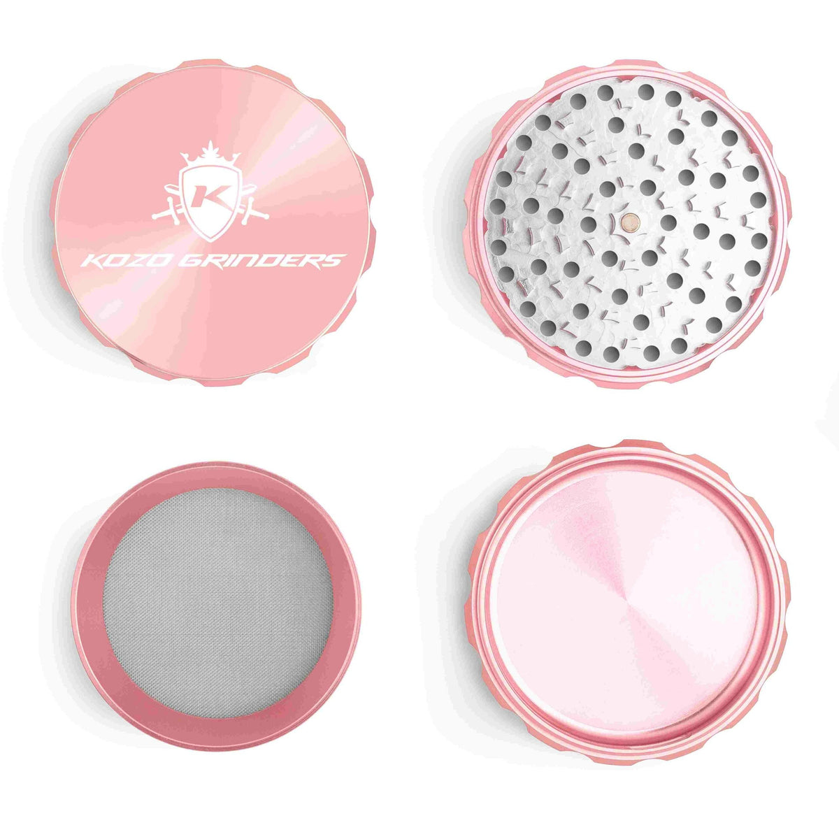 Kozo 4 inch four-piece anodized aluminum grinder in rose gold, four pieces laid flat showing lid, teeth, screen and base
