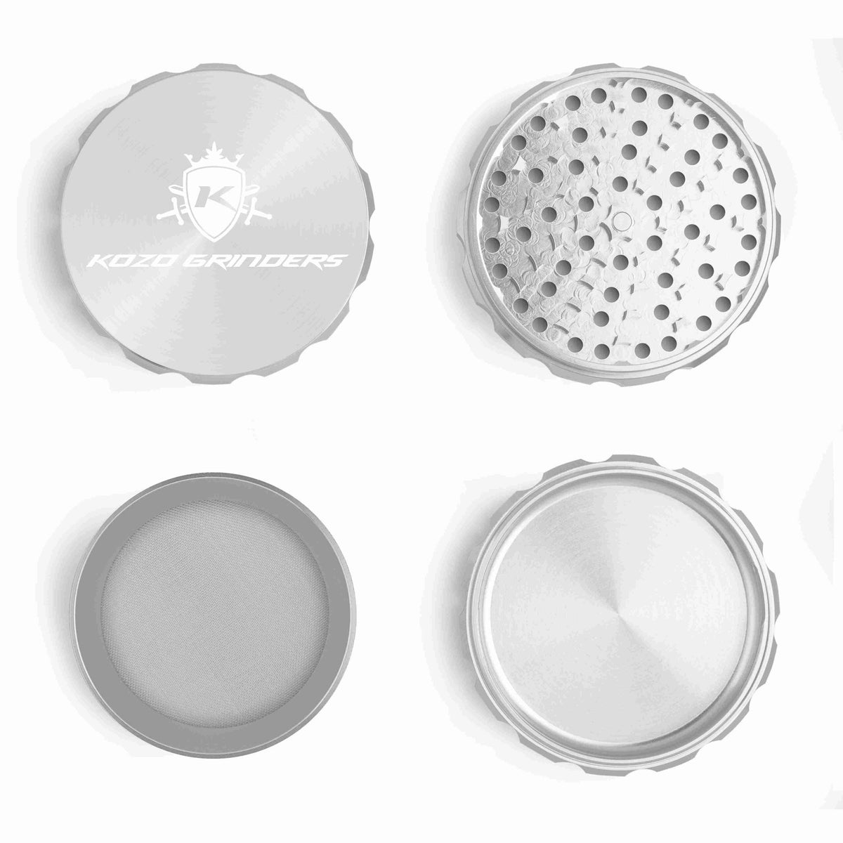 Kozo 4 inch four-piece anodized aluminum grinder in silver, four pieces laid flat showing lid, teeth, screen and base