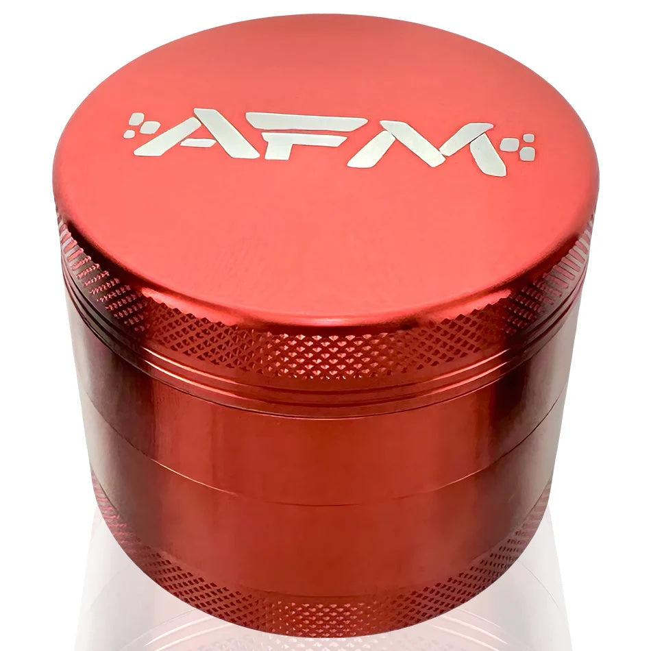 AFM 4-Piece Aluminum Herb Grinder in Red, Top View with Reflective Surface