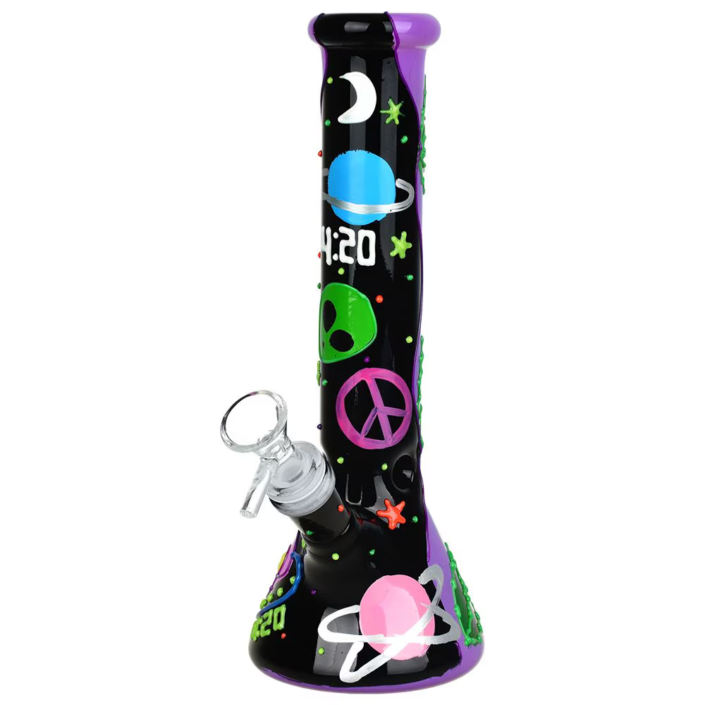 420 Beam Me Up Glow In The Dark Glass Beaker Water Pipe | 9.5" | 14mm F
