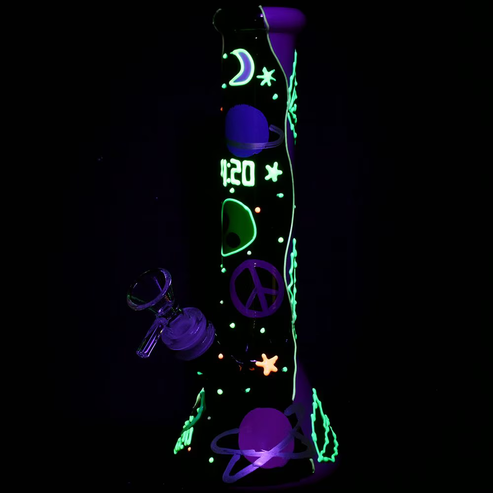 420 Beam Me Up Glow In The Dark Glass Beaker Water Pipe | 9.5" | 14mm F