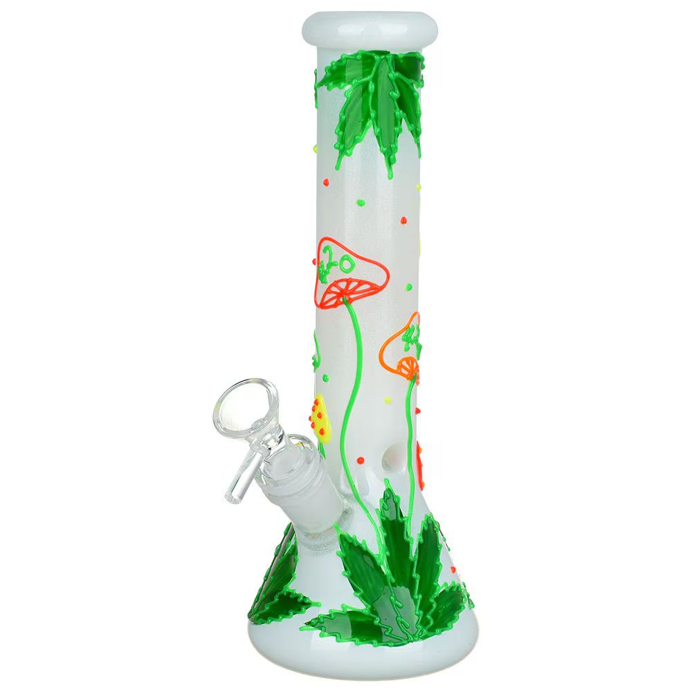 420 Hemp Leaf and Shrooms Glow In The Dark Glass Beaker Water Pipe | 9.5" | 14mm F