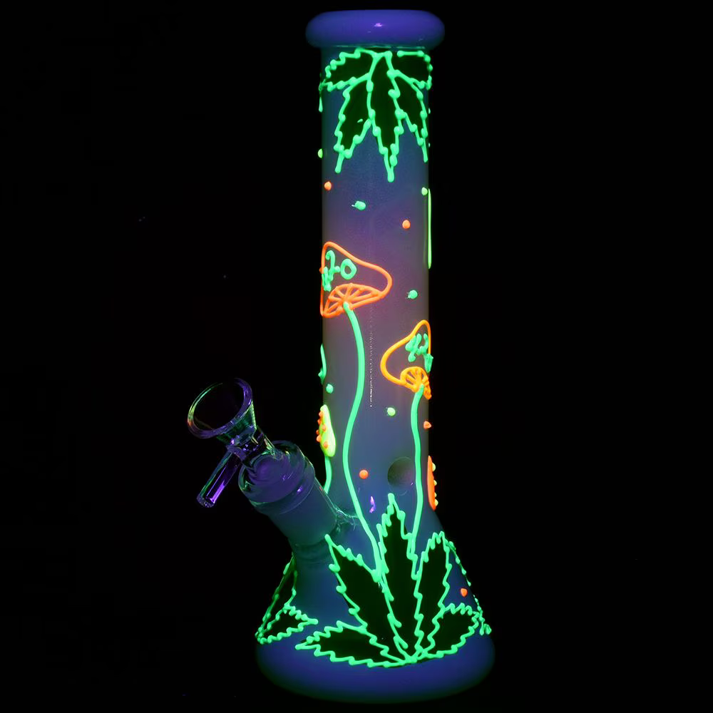 420 Hemp Leaf and Shrooms Glow In The Dark Glass Beaker Water Pipe | 9.5" | 14mm F